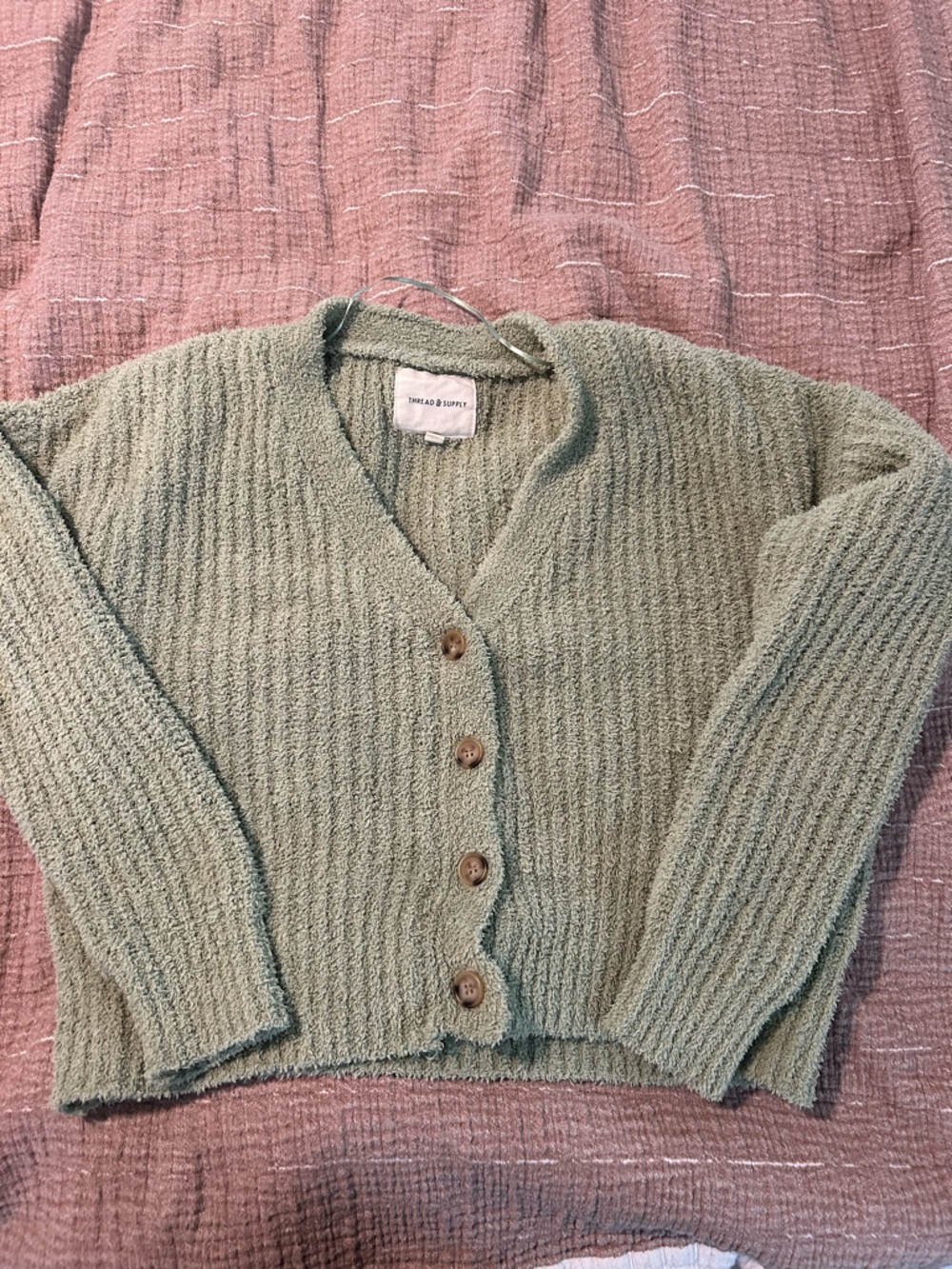 Thread & Supply Olive Green Ribbed Button Cardigan